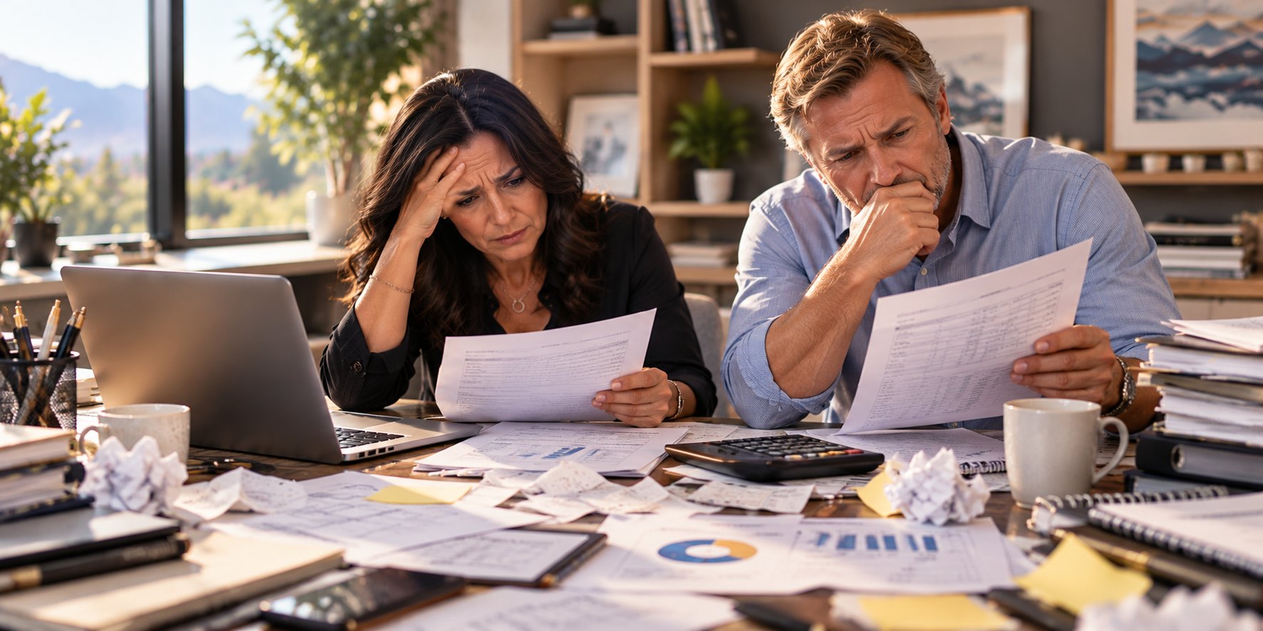 Two stressed business owners reviewing piles of financial reports, receipts and spreadsheets at a cluttered desk