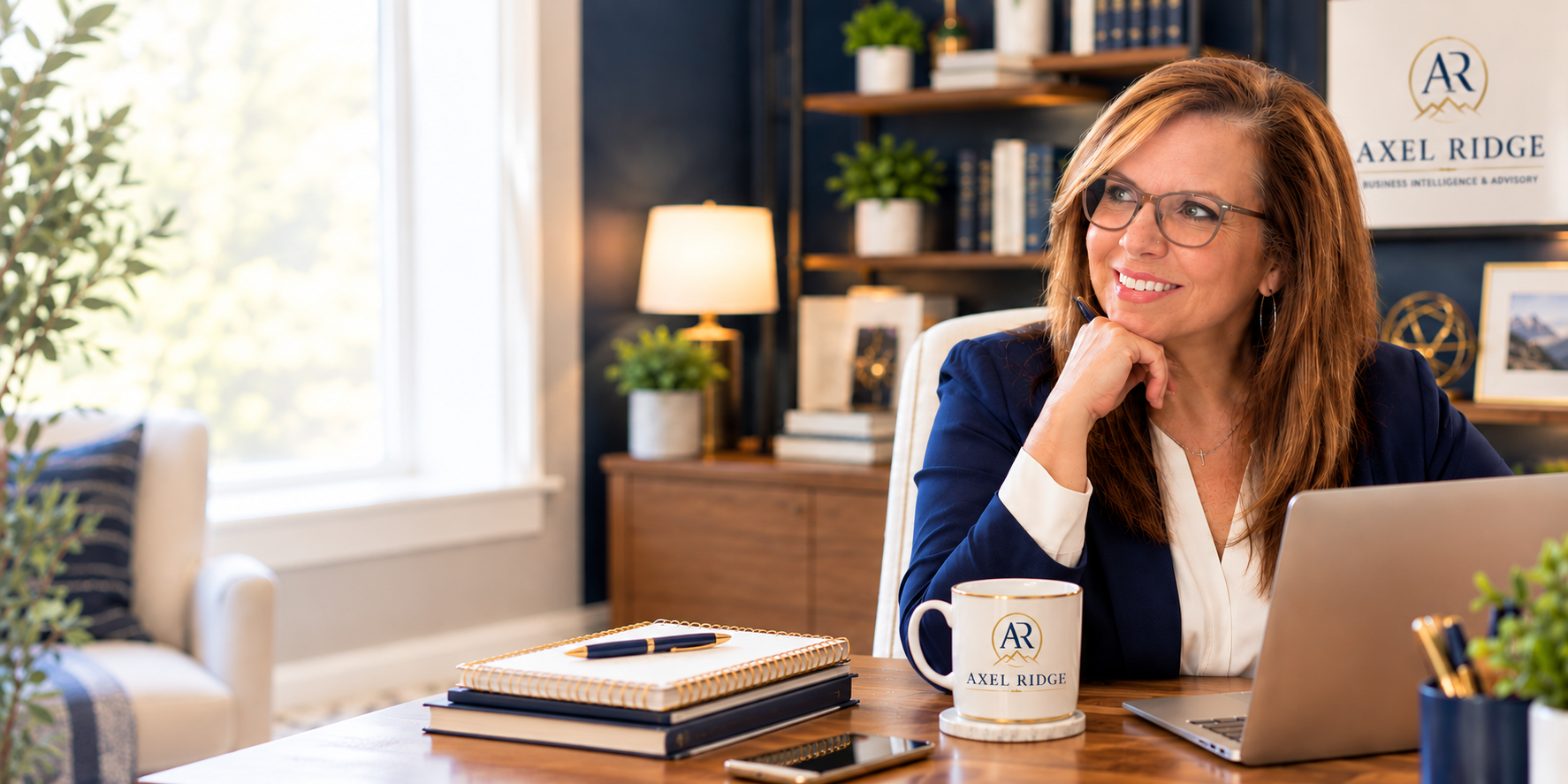 Tracy Monroe smiling at her desk in the Axel Ridge office