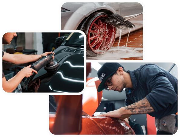 Collage: A man polishing a car, an image of washing a wheel, and a man applying Paint Protection Film (PPF)