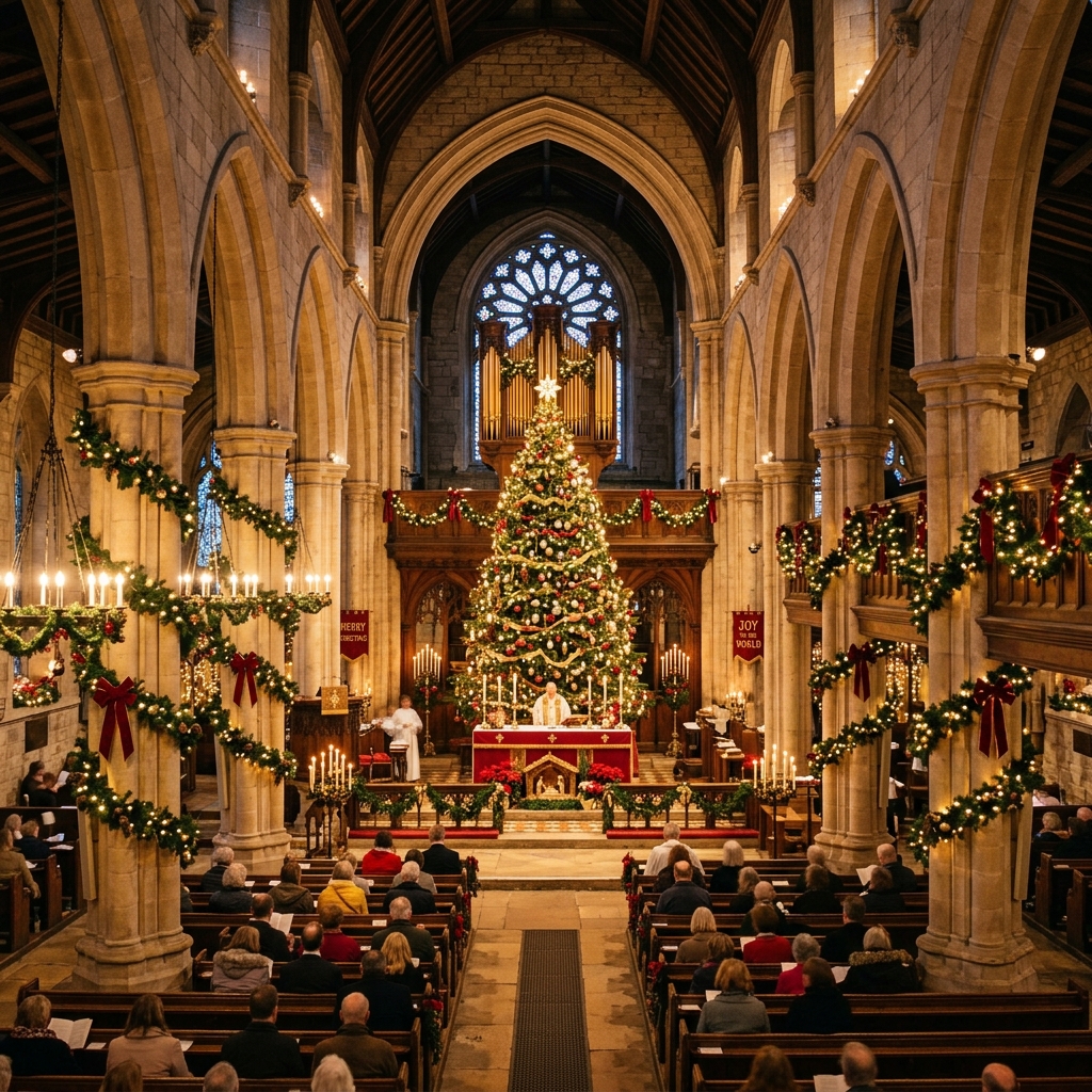 A grand church sanctuary interior decorated beautifully with a glowing Christmas tree and evergreen garlands