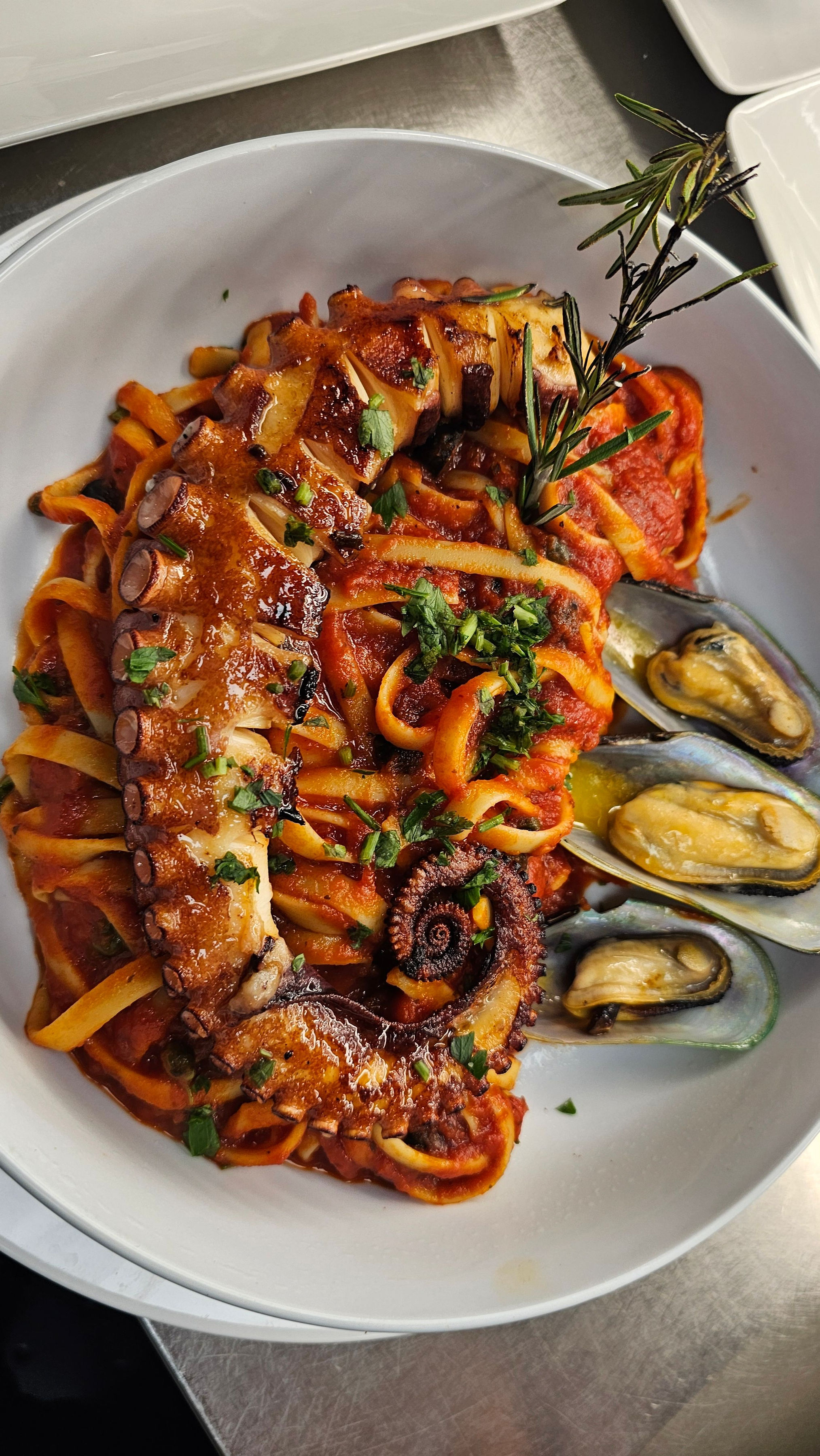 Seafood pasta with grilled octopus at Cow Steakhouse