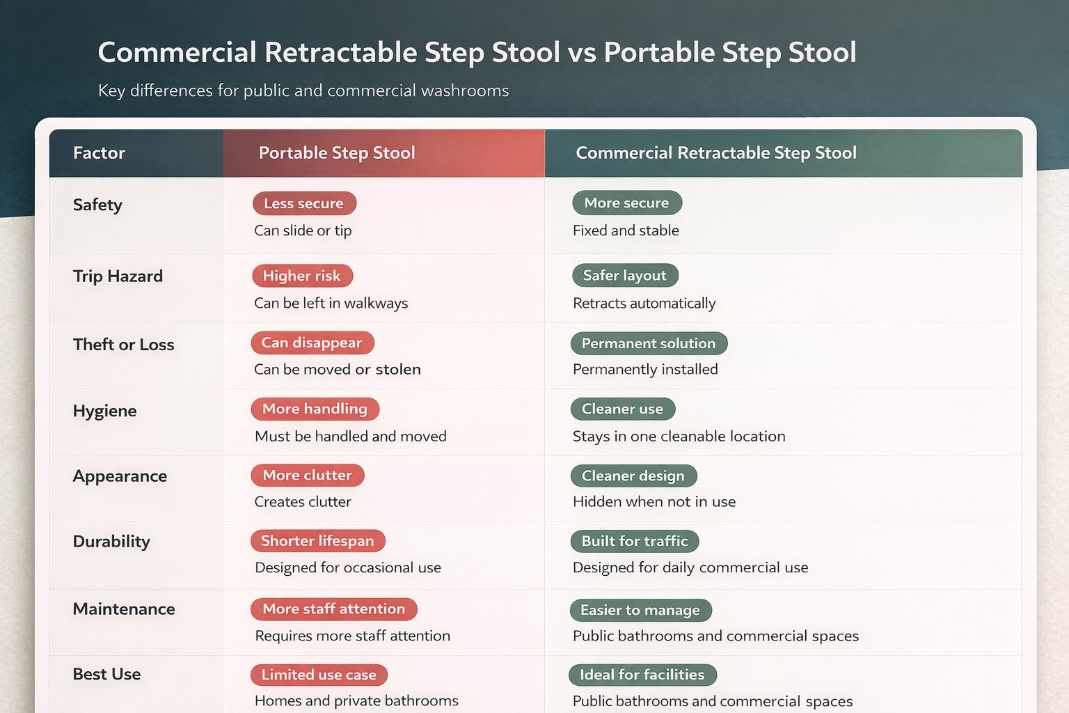 Commercial retractable step stool vs portable step stool comparison chart for public bathrooms and commercial washrooms. The table highlights differences in safety, trip hazards, theft prevention, hygiene, appearance, durability, maintenance, and best use. Portable step stools can slide, create clutter, and require more staff attention, while commercial retractable step stools are fixed, hidden when not in use, more hygienic, more durable, and designed for daily use in schools, airports, restaurants, libraries, and other commercial facilities.