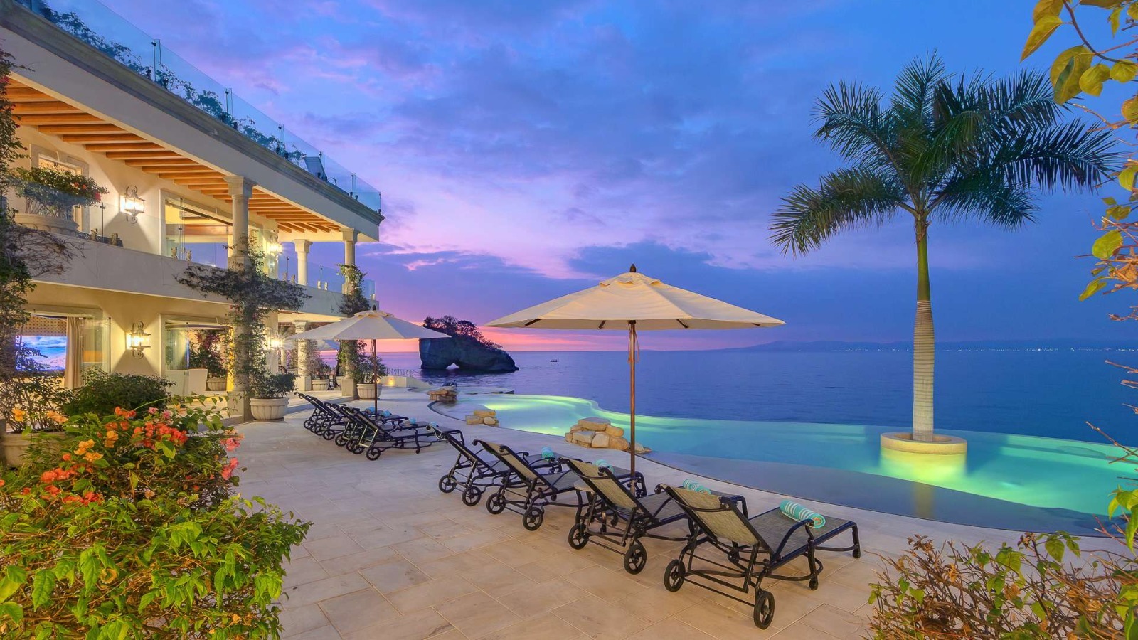 Sunset infinity pool with palm tree and purple-gold Pacific sky