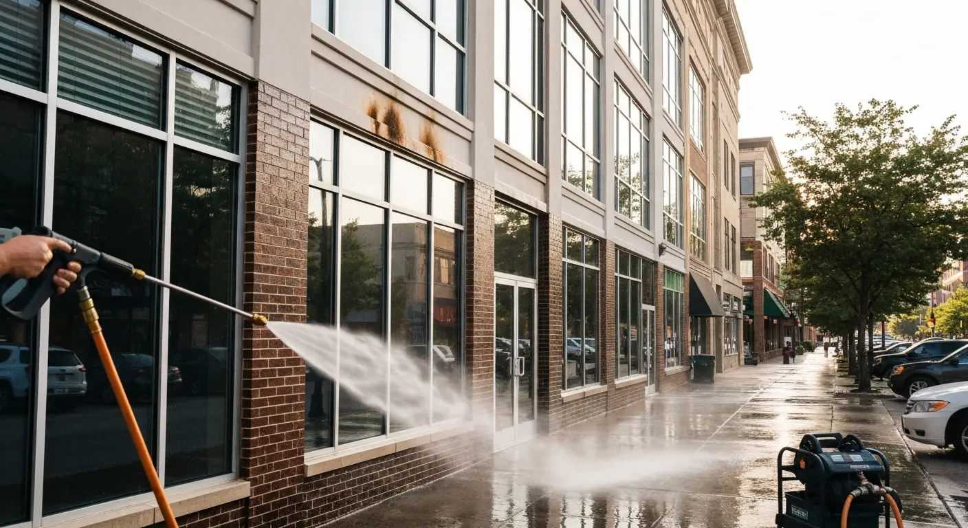 Power washing commercial property exterior