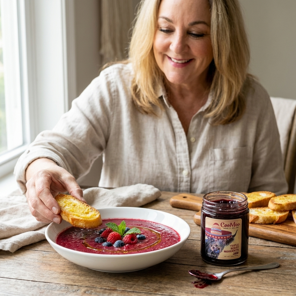 Moogarita Jam Chilled Berry Gazpacho with Citrus Ricotta Crostini