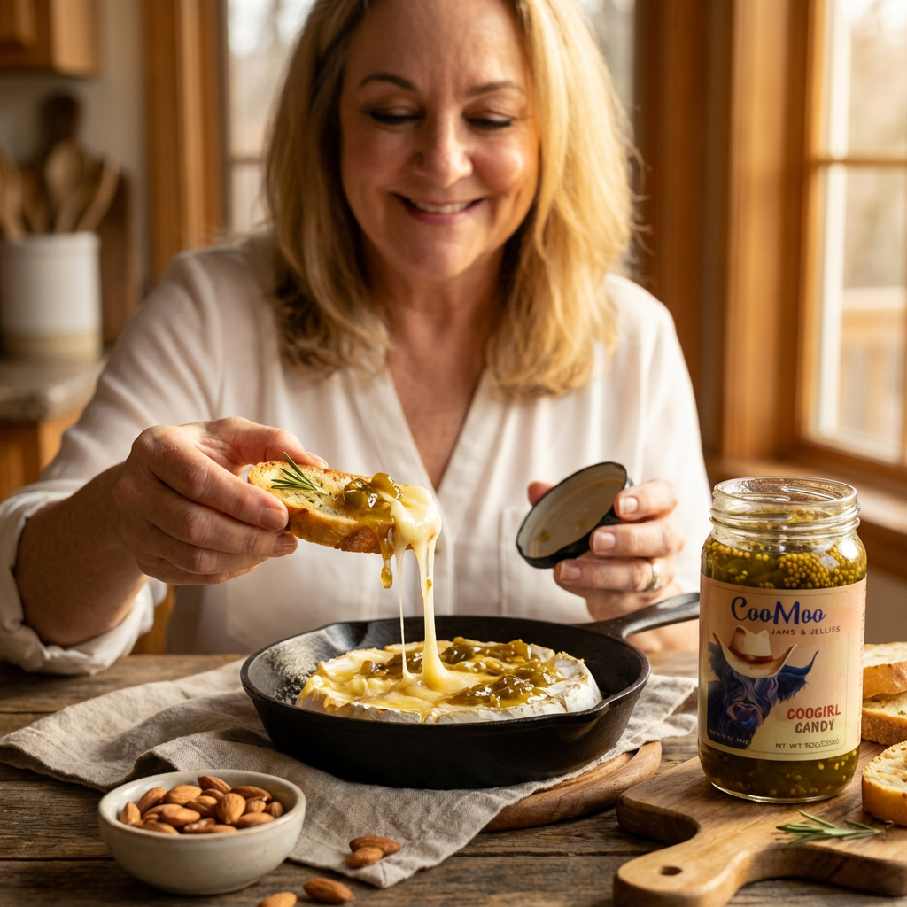 Coogirl Candy Baked Camembert with Rosemary Honey Crostini