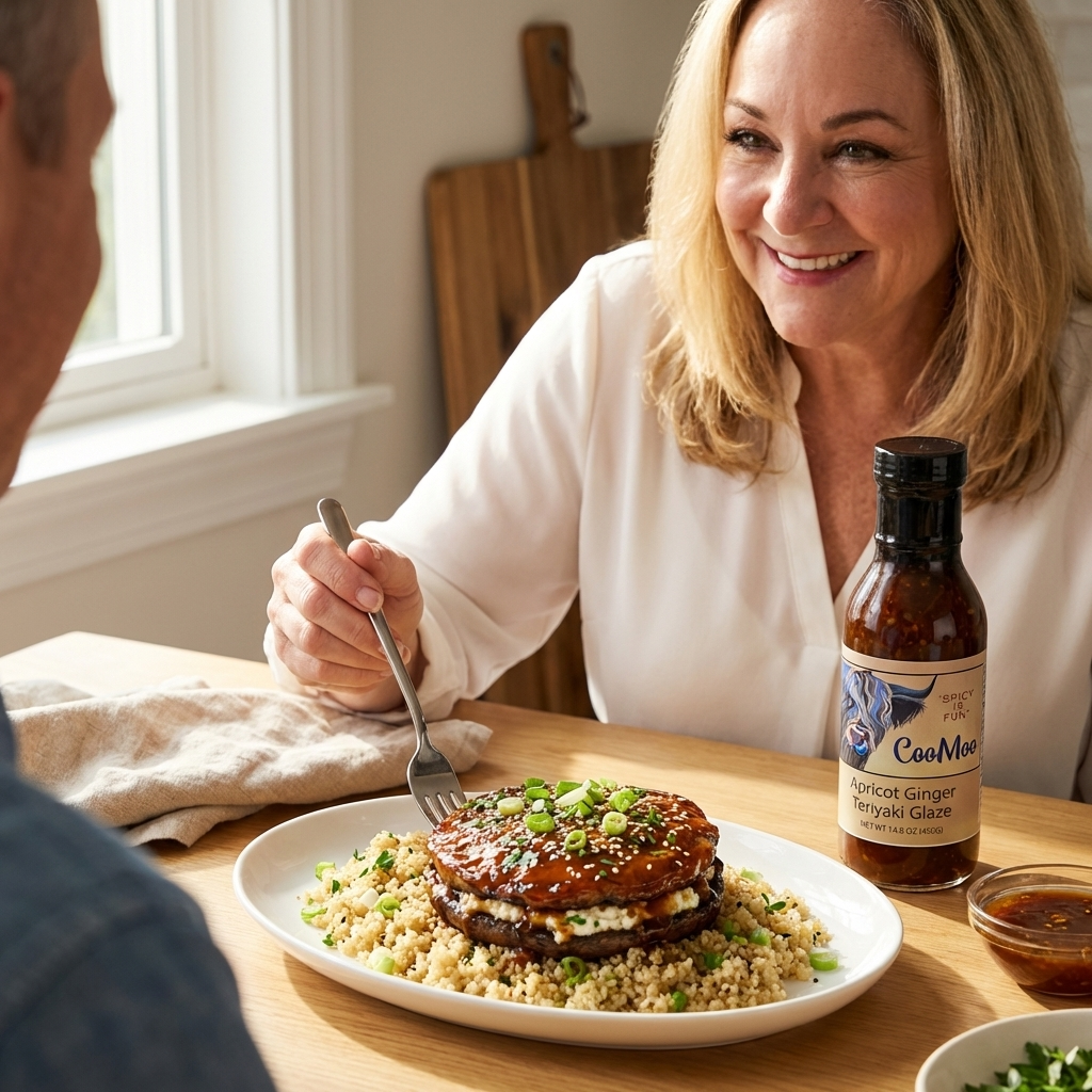 Apricot Ginger Teriyaki Glazed Stuffed Portobello Steaks with Sesame-Scallion Quinoa