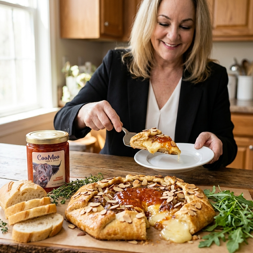 Apricot Habanero Baked Brie Galette with Caramelized Onions and Thyme