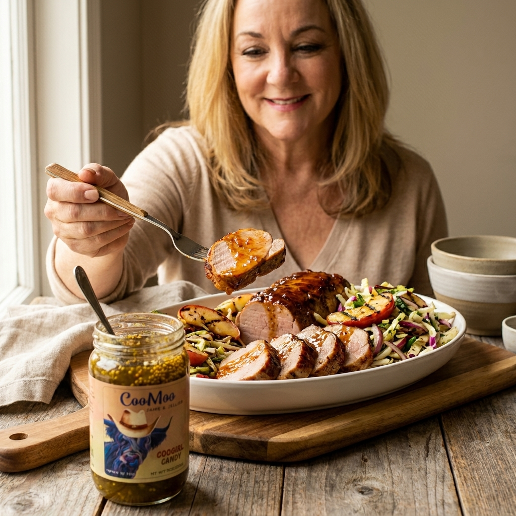 Spiced Coogirl Candy Glazed Pork Tenderloin with Charred Apple Slaw