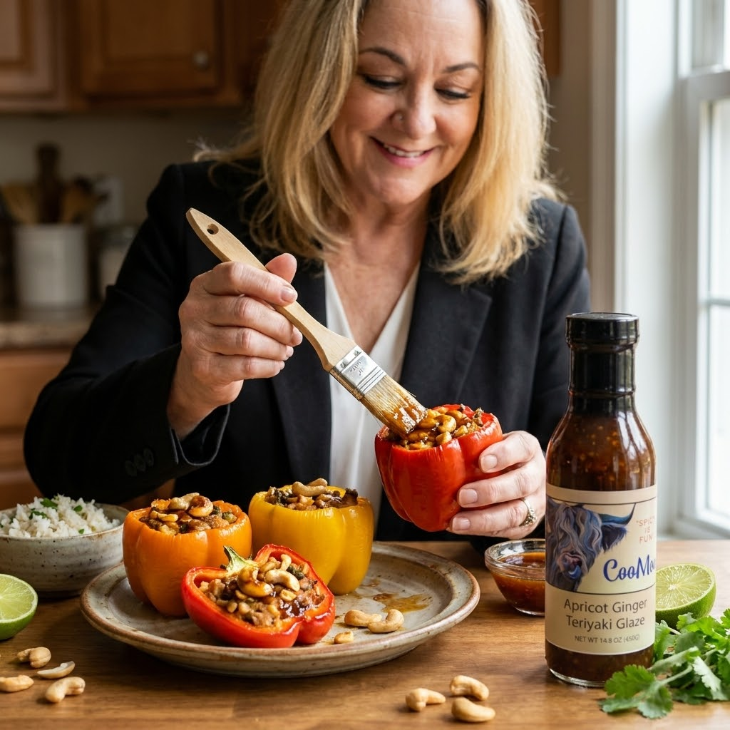 Apricot Ginger Teriyaki Glazed Stuffed Sweet Peppers with Coconut-Lime Rice