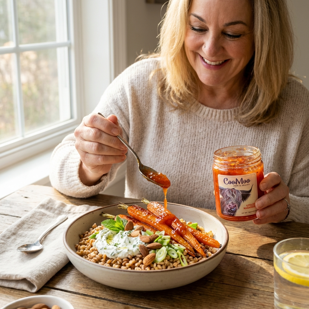 Apricot Habanero Glazed Roasted Carrot and Farro Grain Bowl with Herbed Labneh