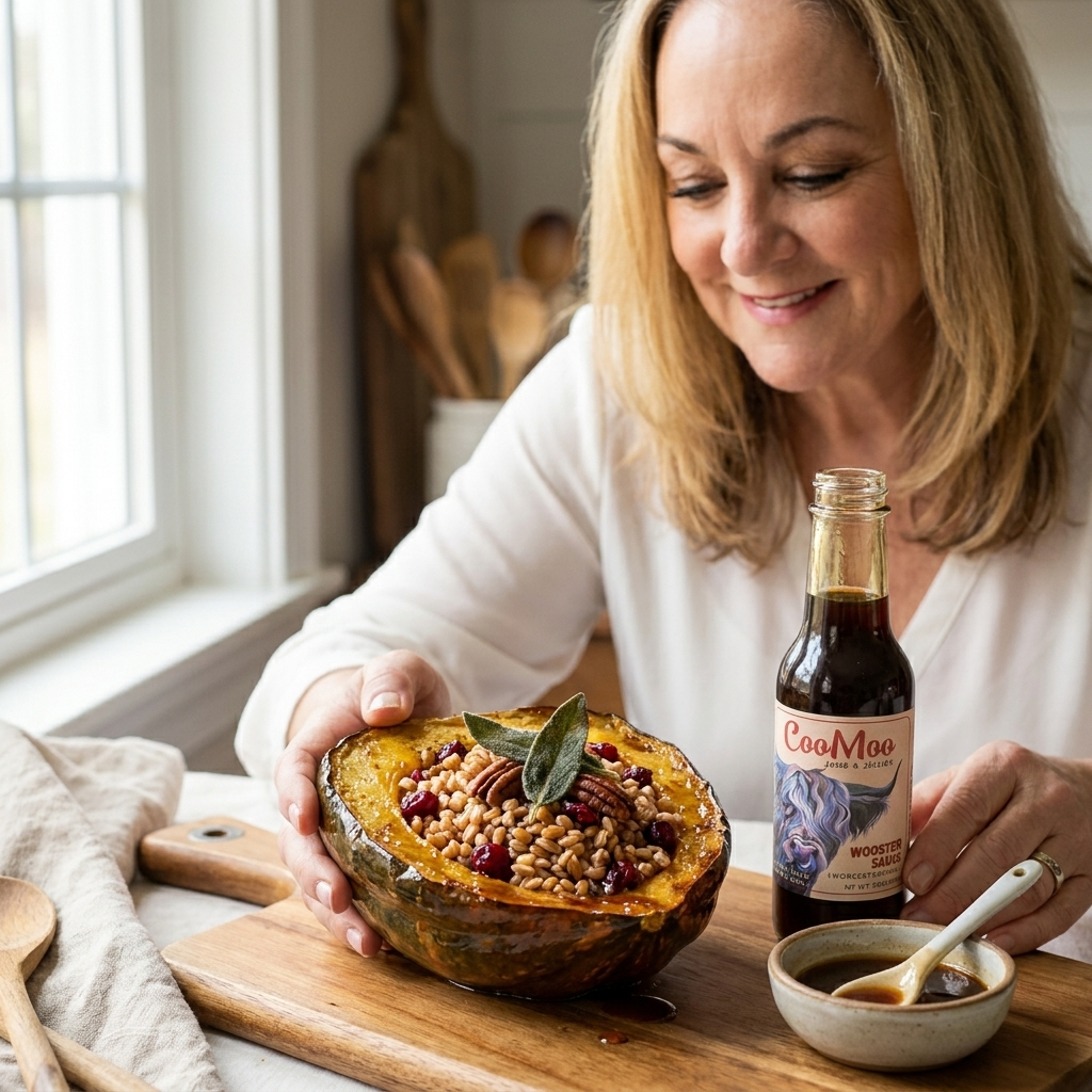Wooster-Glazed Stuffed Acorn Squash with Sage-Cranberry Farro