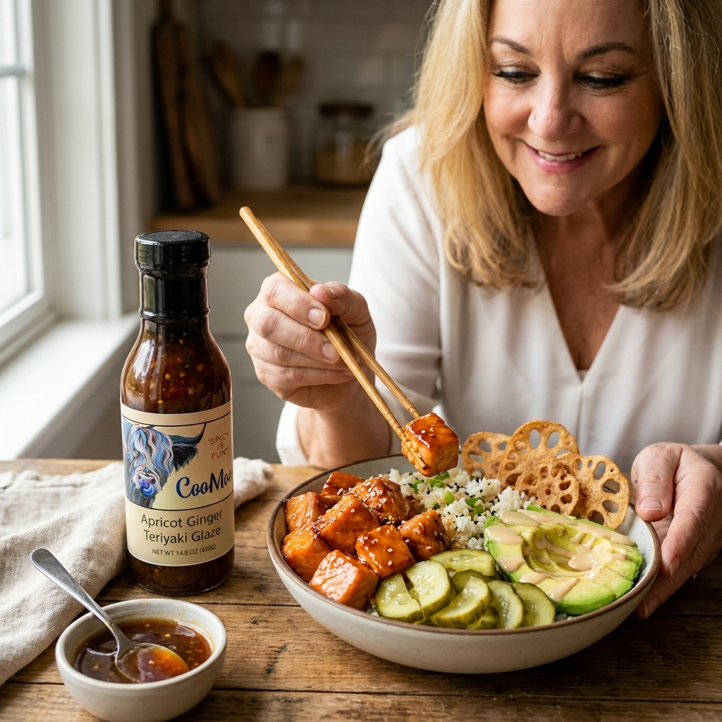 Apricot Ginger Teriyaki Glazed Salmon Poke Bowl