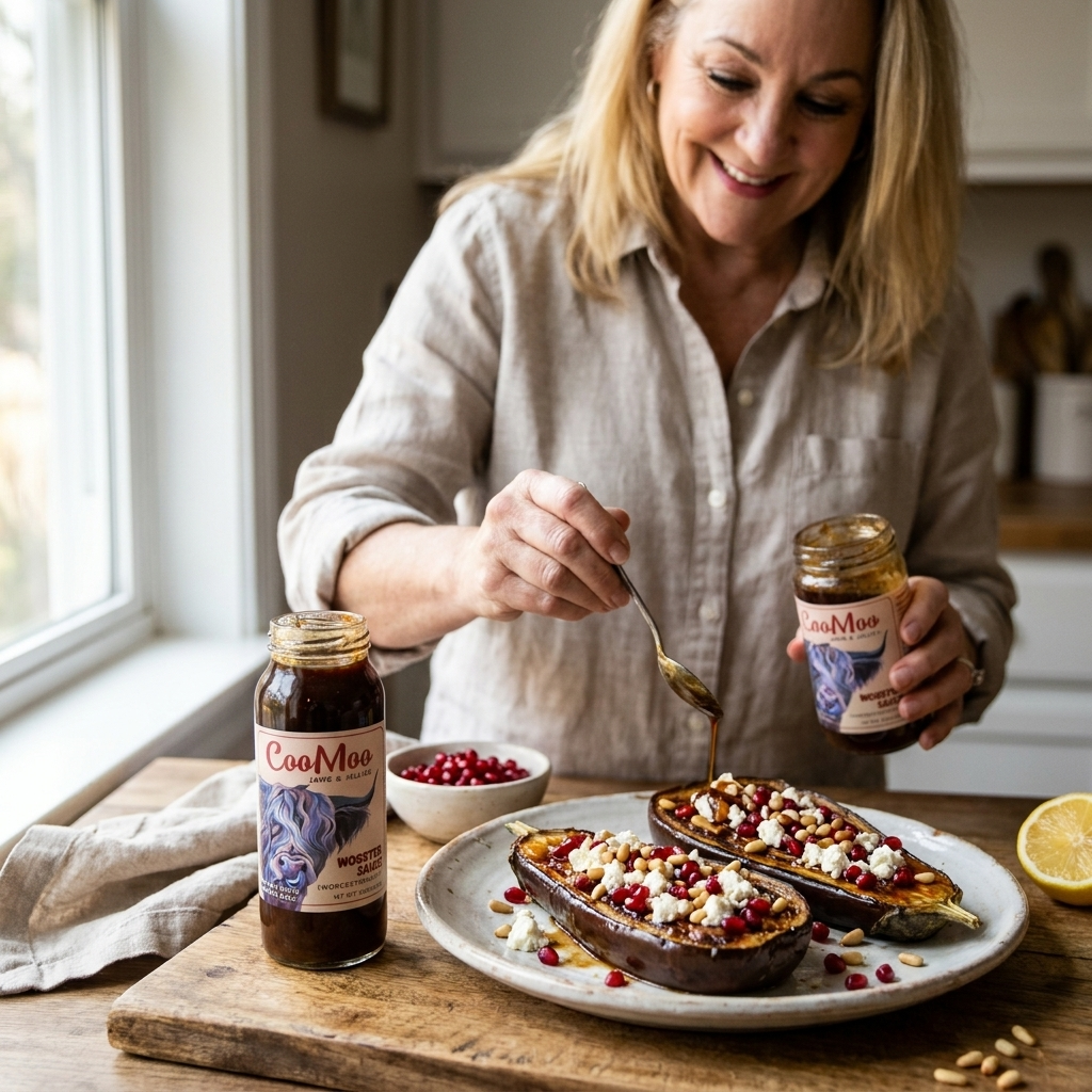 Wooster-Glazed Chickpea & Feta Stuffed Eggplant Boats