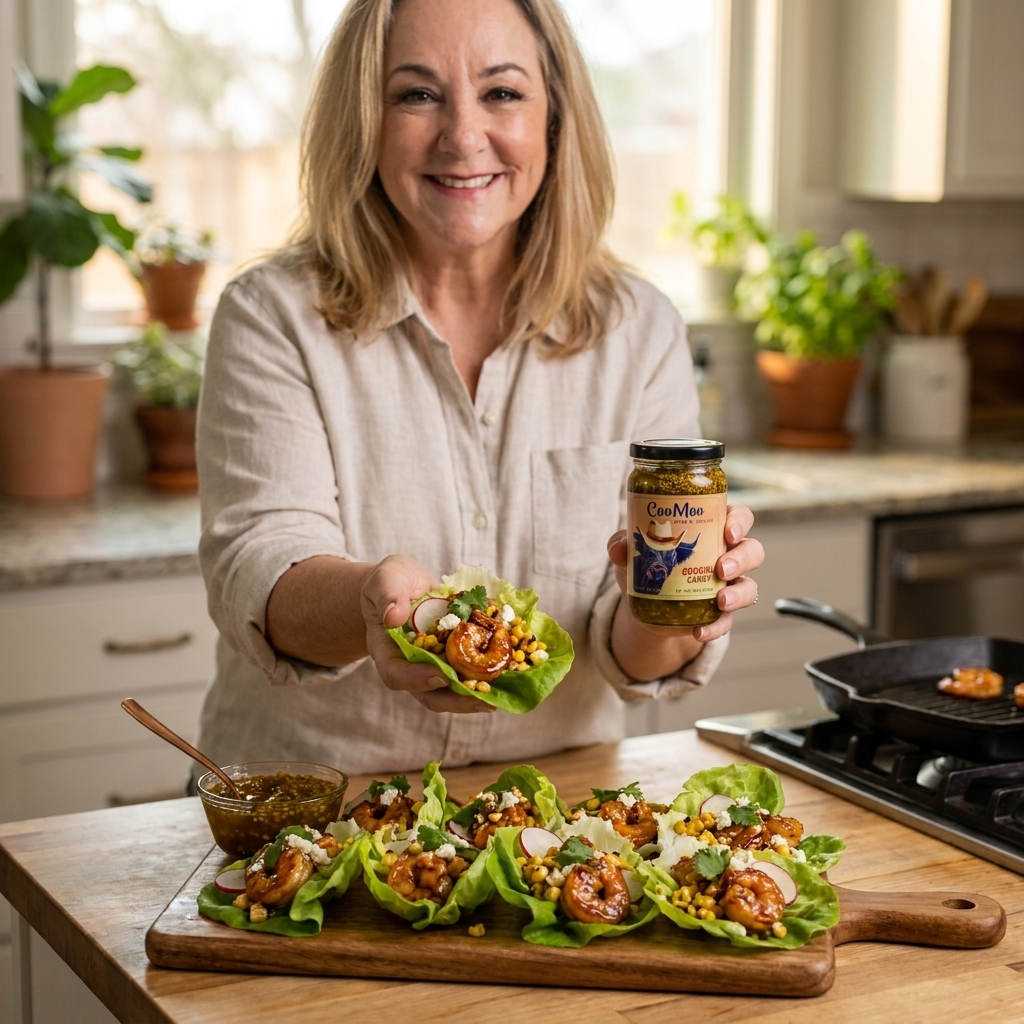 Coogirl Candy Glazed Shrimp Lettuce Cups with Charred Corn Relish
