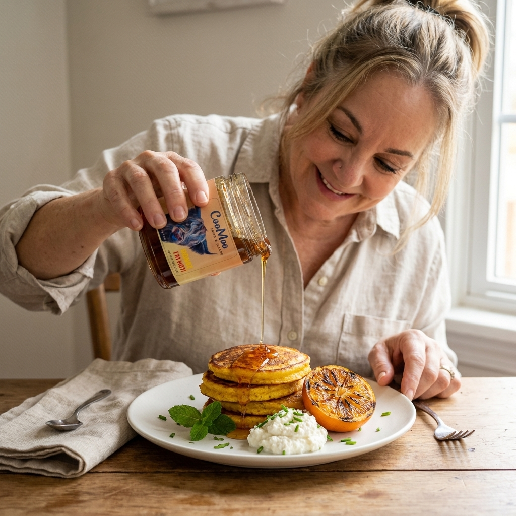 Spicy Honey I Am Hot Breakfast Cornmeal Cakes with Ricotta and Charred Citrus