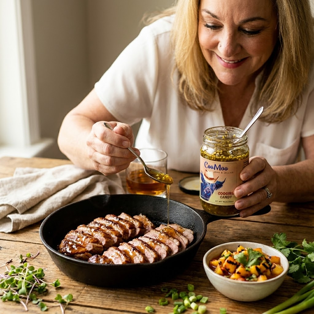 Coogirl Candy Glazed Seared Duck Breast with Charred Peach-Bourbon Salsa