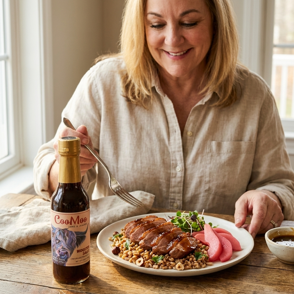 Wooster Sauce Maple-Glazed Duck Breasts with Farro Pilaf and Quick-Pickled Pears