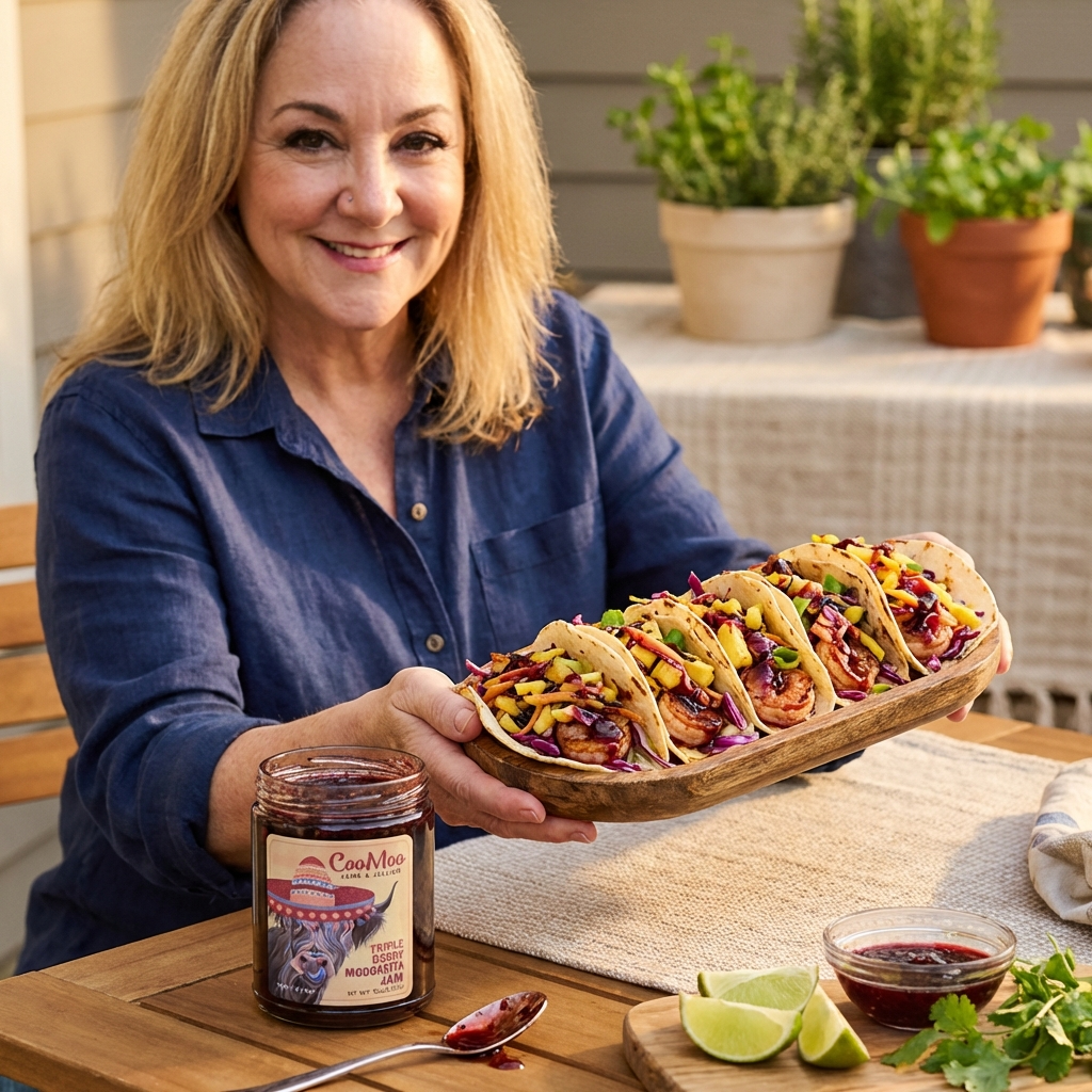 Moogarita Berry-Glazed Grilled Shrimp Tacos with Charred Pineapple Slaw