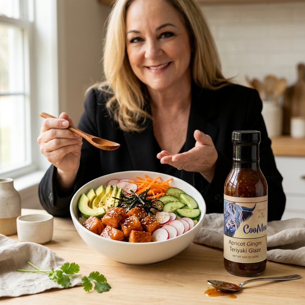 Apricot Ginger Teriyaki Glazed Salmon Poke Bowl image