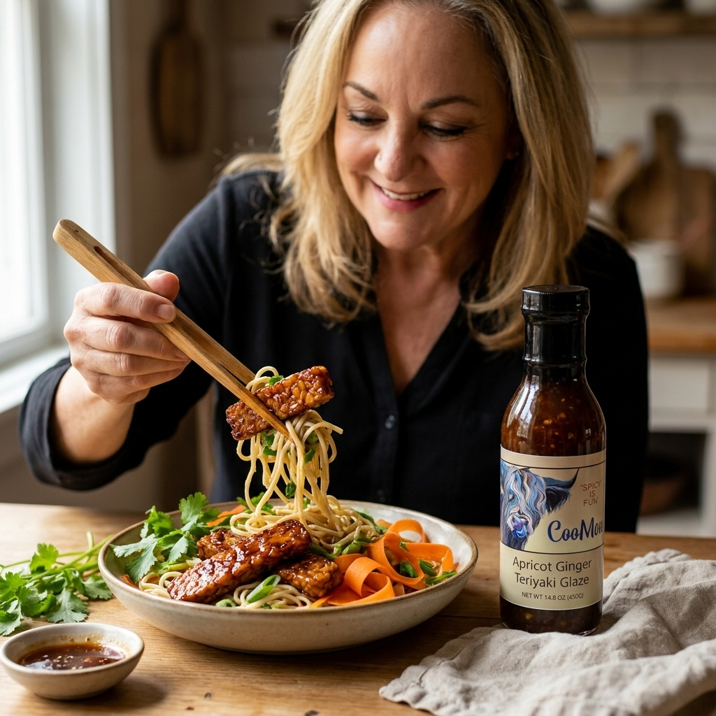 Apricot Ginger Teriyaki Chilled Noodle Salad with Crispy Tempeh image