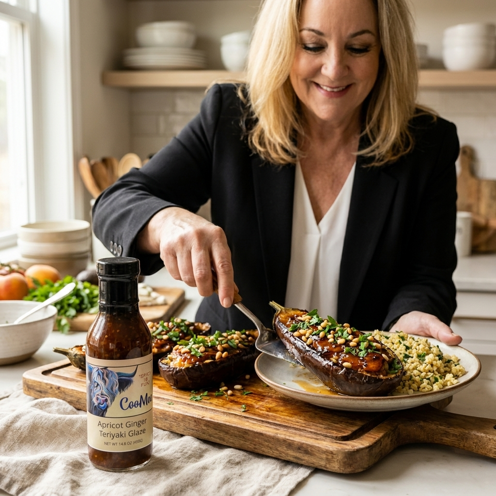 Apricot Ginger Teriyaki Glazed Stuffed Eggplant Boats with Herbed Bulgur