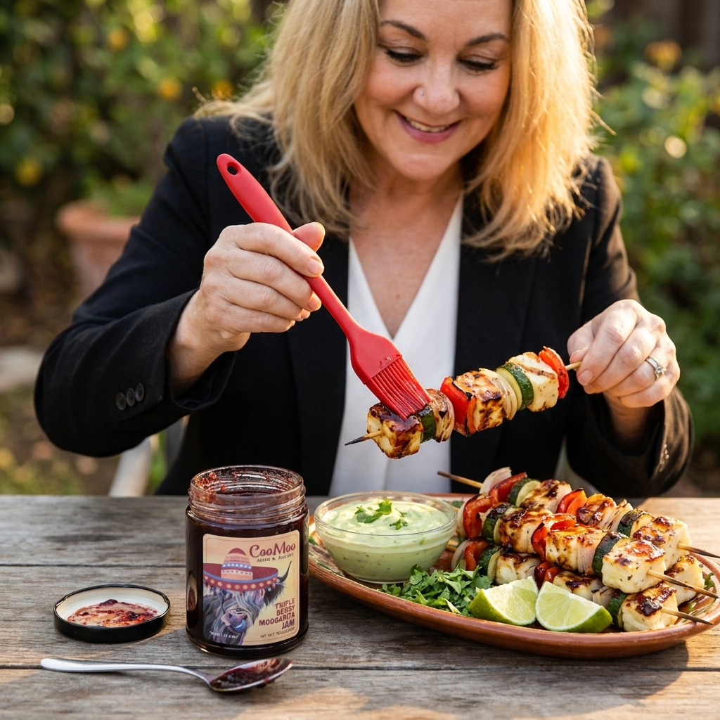 Moogarita Berry-Basted Grilled Vegetable and Halloumi Skewers with Avocado-Lime Yogurt