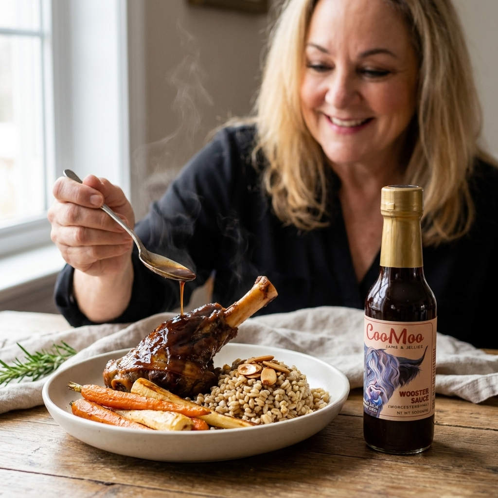 Wooster-Braised Lamb Shanks with Roasted Root Vegetables and Barley Pilaf