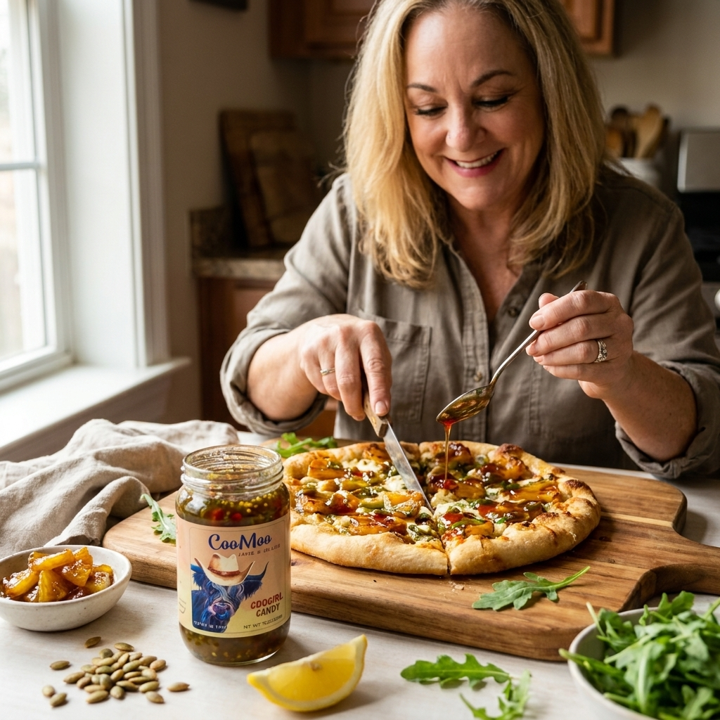 Coogirl Candy Charred Pineapple & Goat Cheese Flatbread with Honey-Lime Arugula