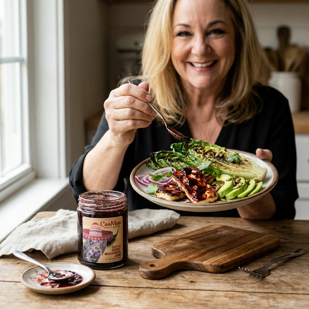 Triple Berry Moogarita Glazed Halloumi & Charred Romaine Lettuce Salad