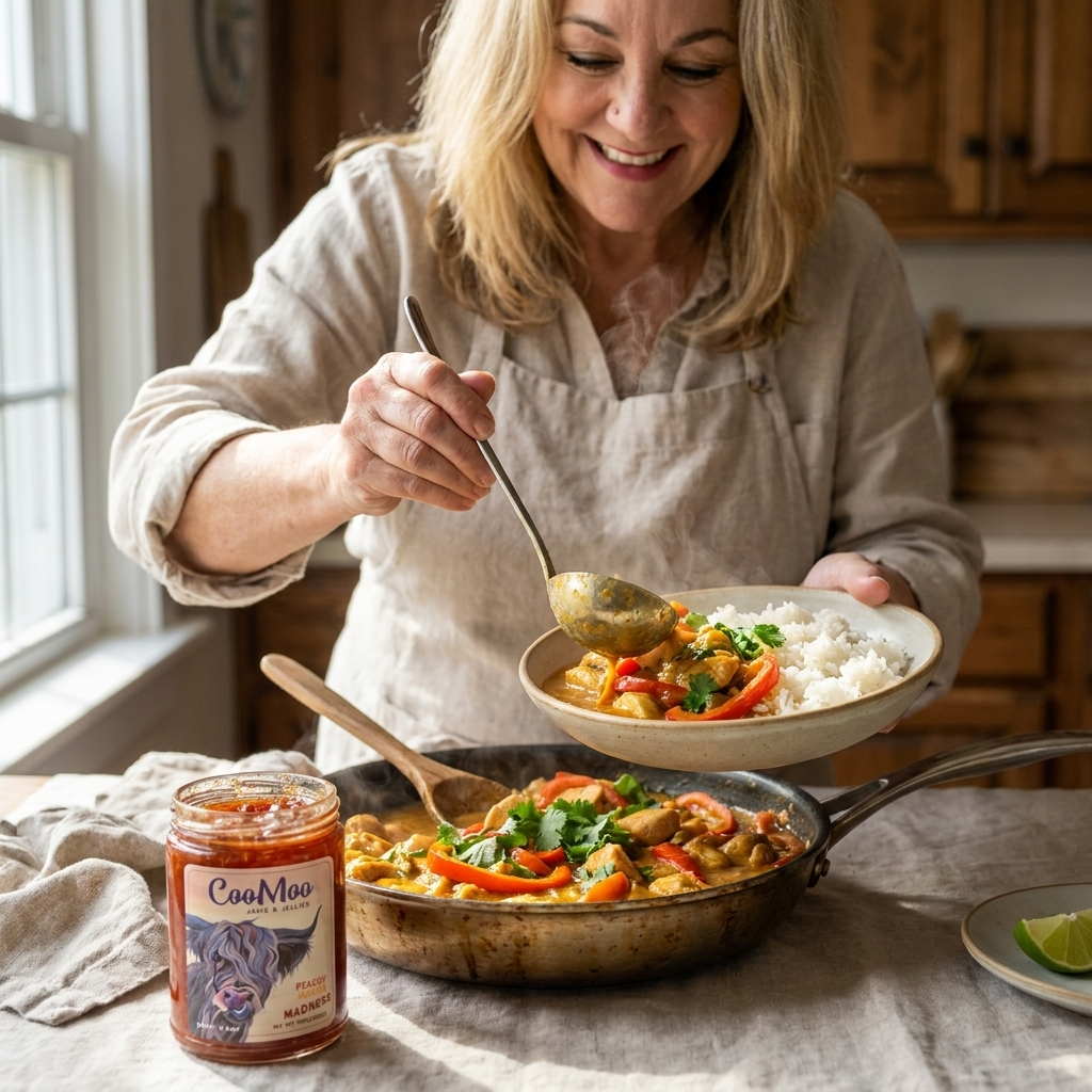 Peachy Mango Madness Coconut Curry Chicken Skillet