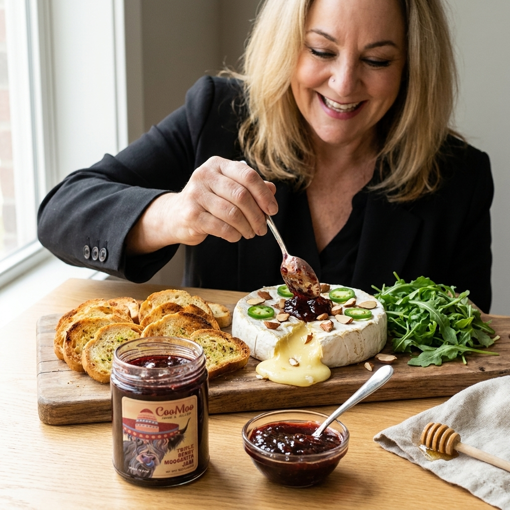 Moogarita Berry-Stuffed Baked Camembert with Chili-Lime Crostini