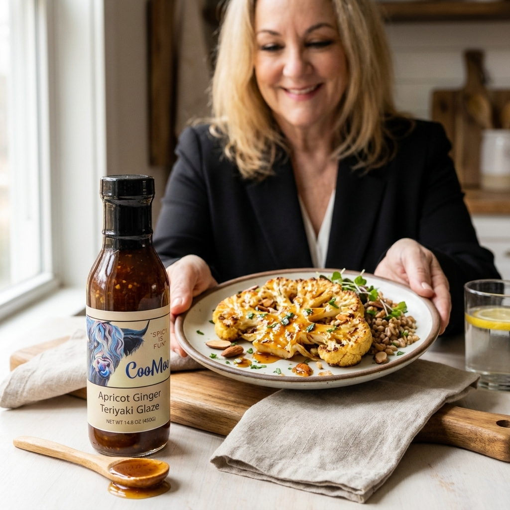 Apricot Ginger Teriyaki Glazed Roasted Cauliflower Steaks