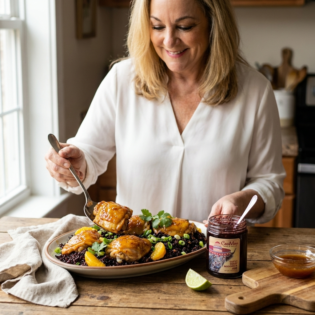 Triple Berry Moogarita Glazed Roast Chicken Thighs with Citrus Black Rice