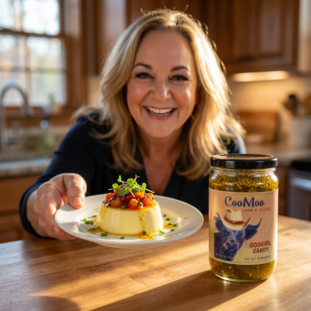 Coogirl Candy Savory Corn Panna Cotta with Charred Tomato Relish