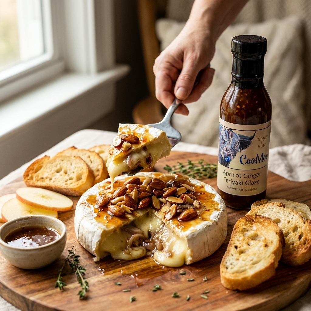 Apricot Ginger Teriyaki Glazed Baked Brie