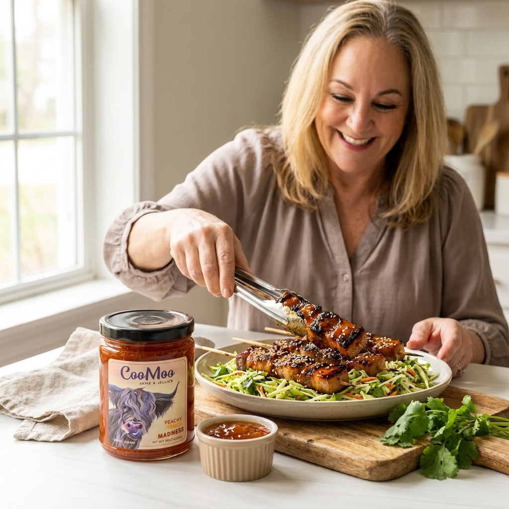 Peachy Mango Madness Glazed Pork Belly Skewers with Lime Cilantro Slaw