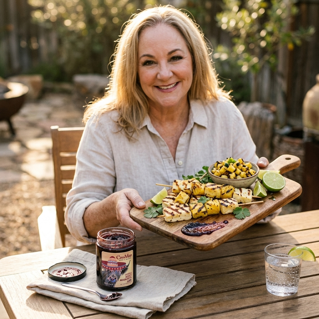 Moogarita Jam Marinated Grilled Halloumi Skewers with Charred Pineapple Salsa