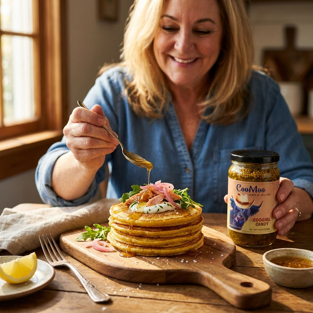 Coogirl Candy Savory Cornmeal Pancakes with Smoked Trout and Herb Yogurt