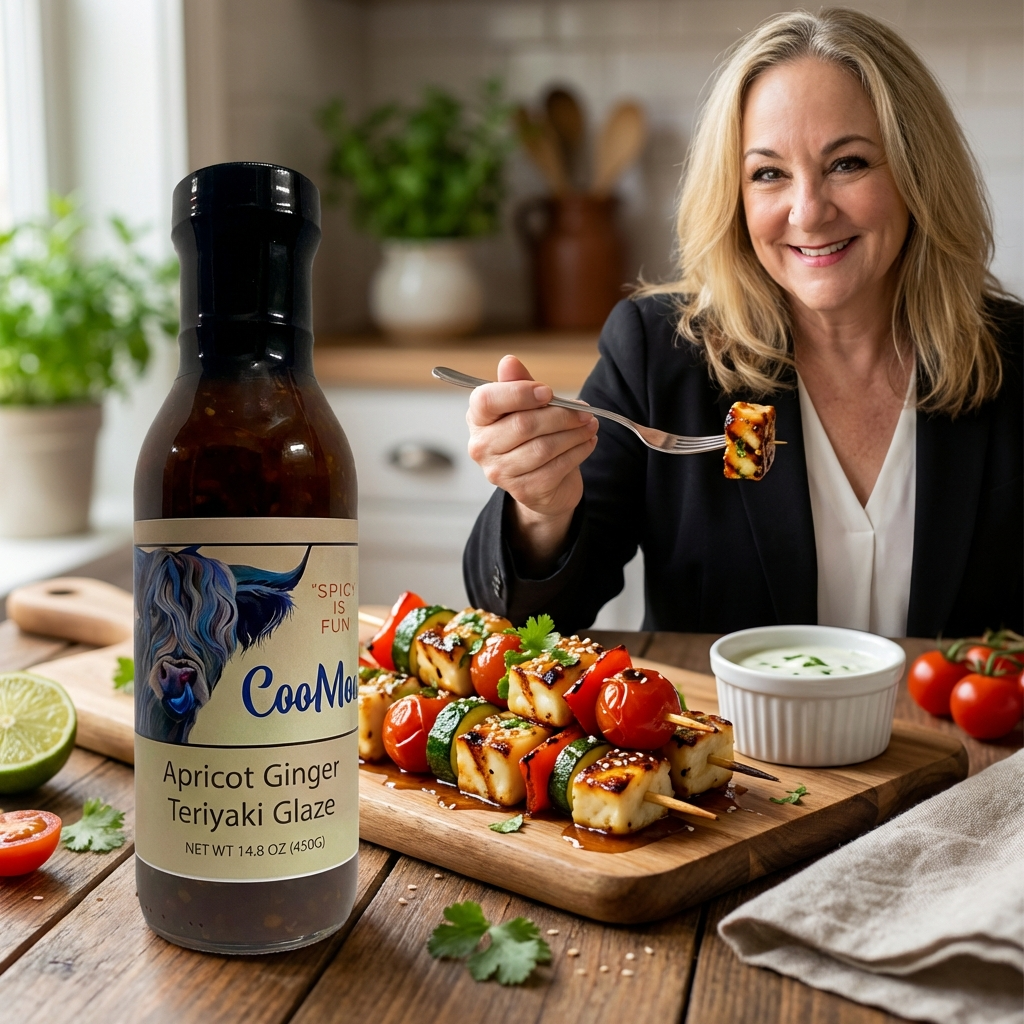 Apricot Ginger Teriyaki Glazed Vegetable and Halloumi Skewers