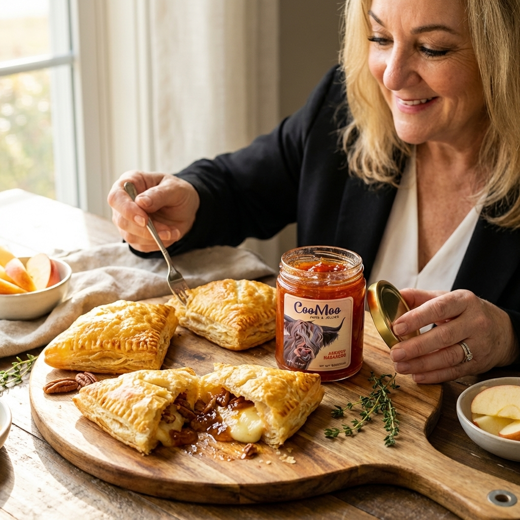 Apricot Habanero Glazed Baked Brie Puff Turnovers with Honeyed Pecans