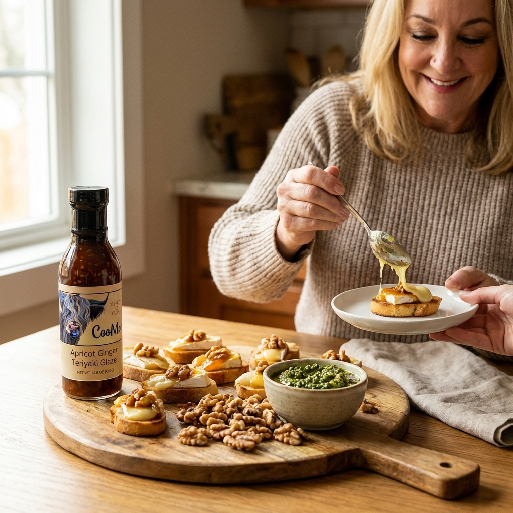 Apricot Ginger Teriyaki Glazed Baked Brie & Pear Crostini