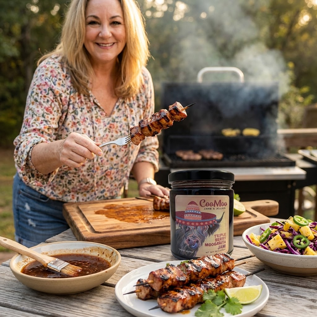 Moogarita Berry Pork Skewers with Charred Pineapple Slaw