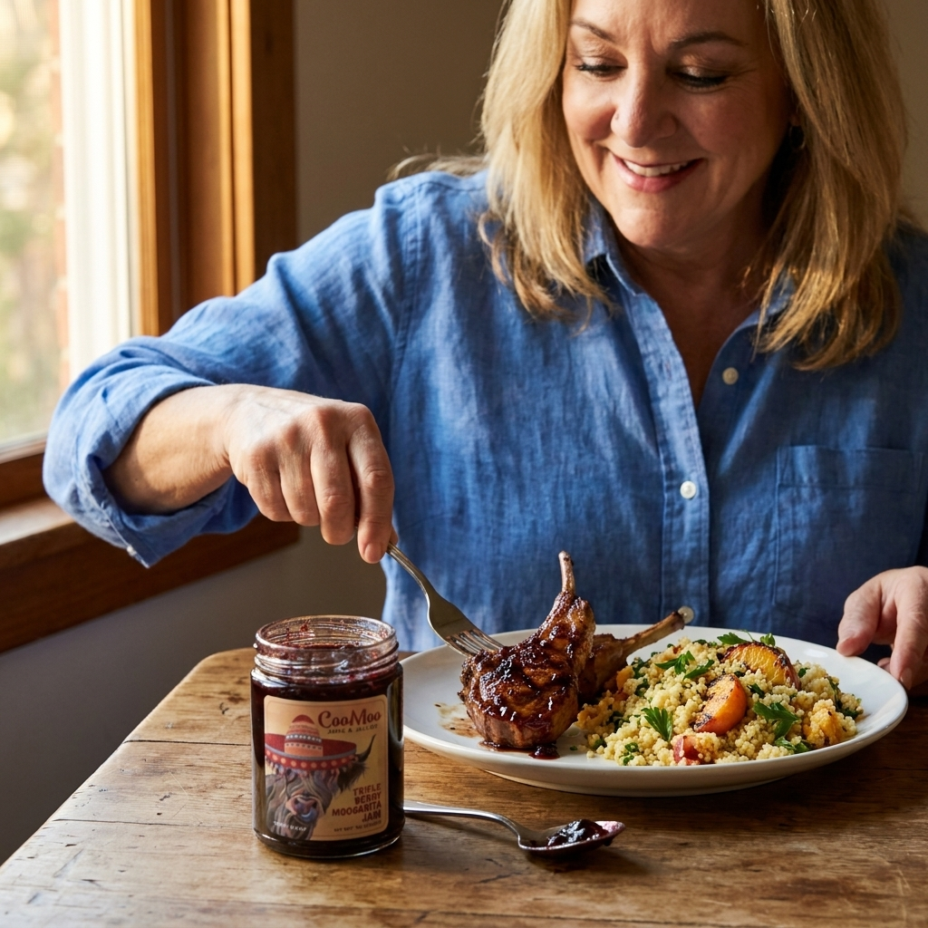 Triple Berry Moogarita Glazed Lamb Chops with Charred Peach Couscous