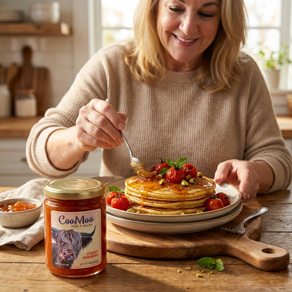Apricot Habanero Glazed Chickpea Pancakes with Mint-Yogurt Drizzle image