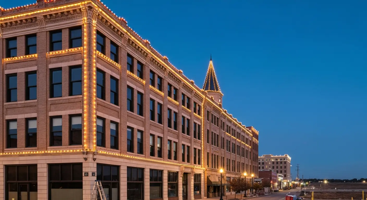 Commercial Christmas light installation on building