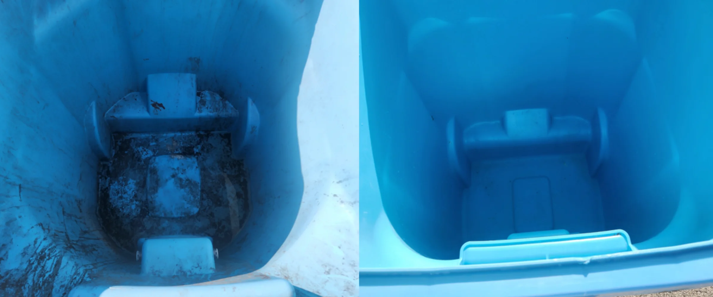 Side-by-side comparison showing the dirty interior of a blue trash can on the left and a clean interior on the right.