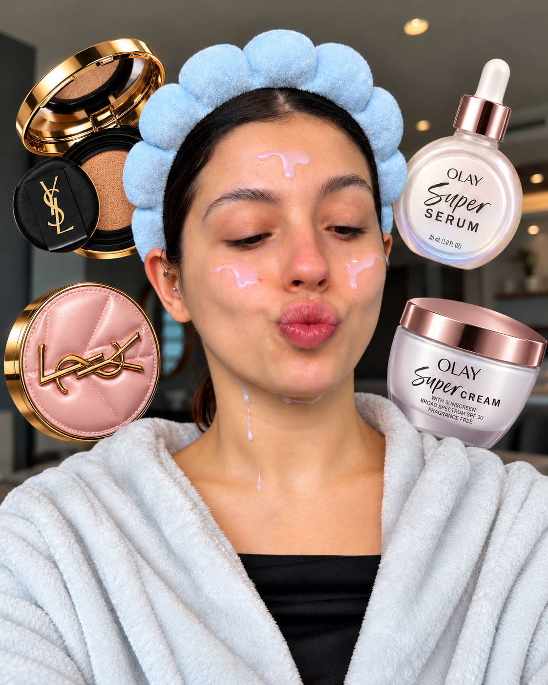 Solana con productos de Olay e Yves Saint Laurent
