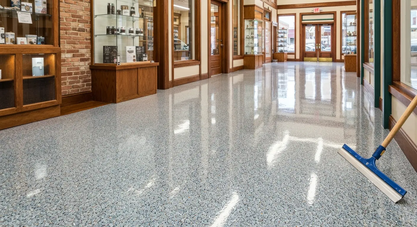 Commercial retail floor with epoxy flake coating