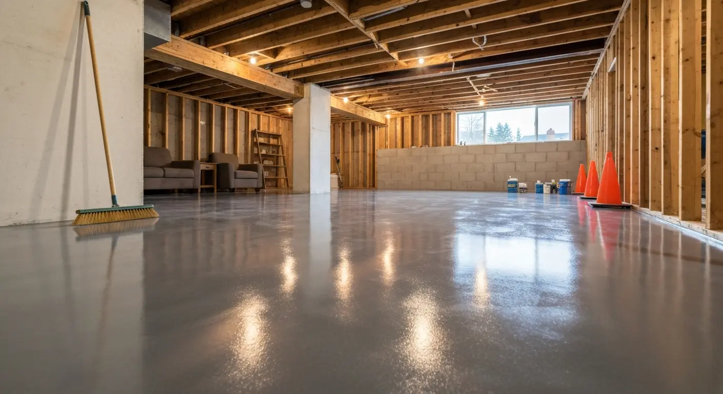 Finished basement with epoxy flake flooring